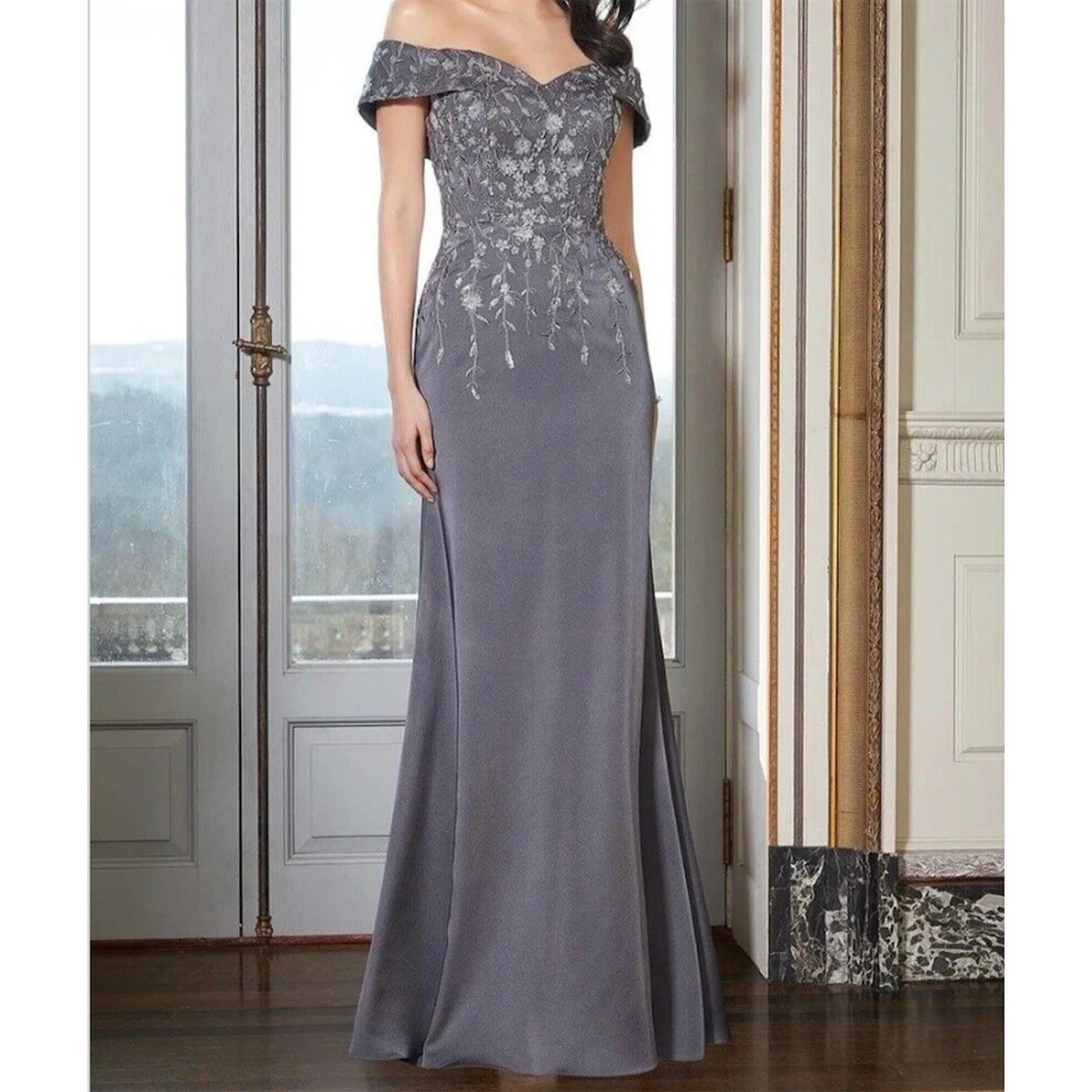 MGNY Mori Lee Womens Gown Size 14 Gray Off Shoulder Floral Embroidered Long